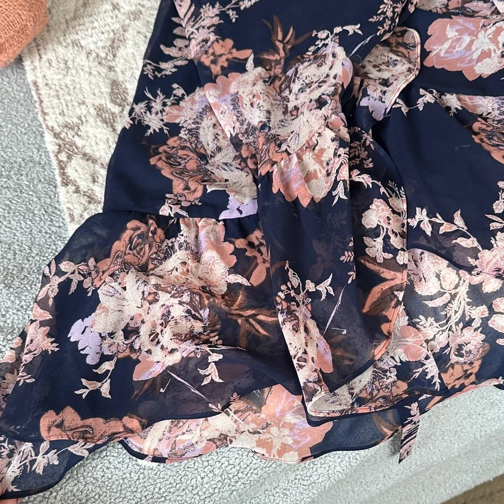Chelsea28 Floral Ruffle Wrap Midi Dress Navy Romantic Cottagecore
